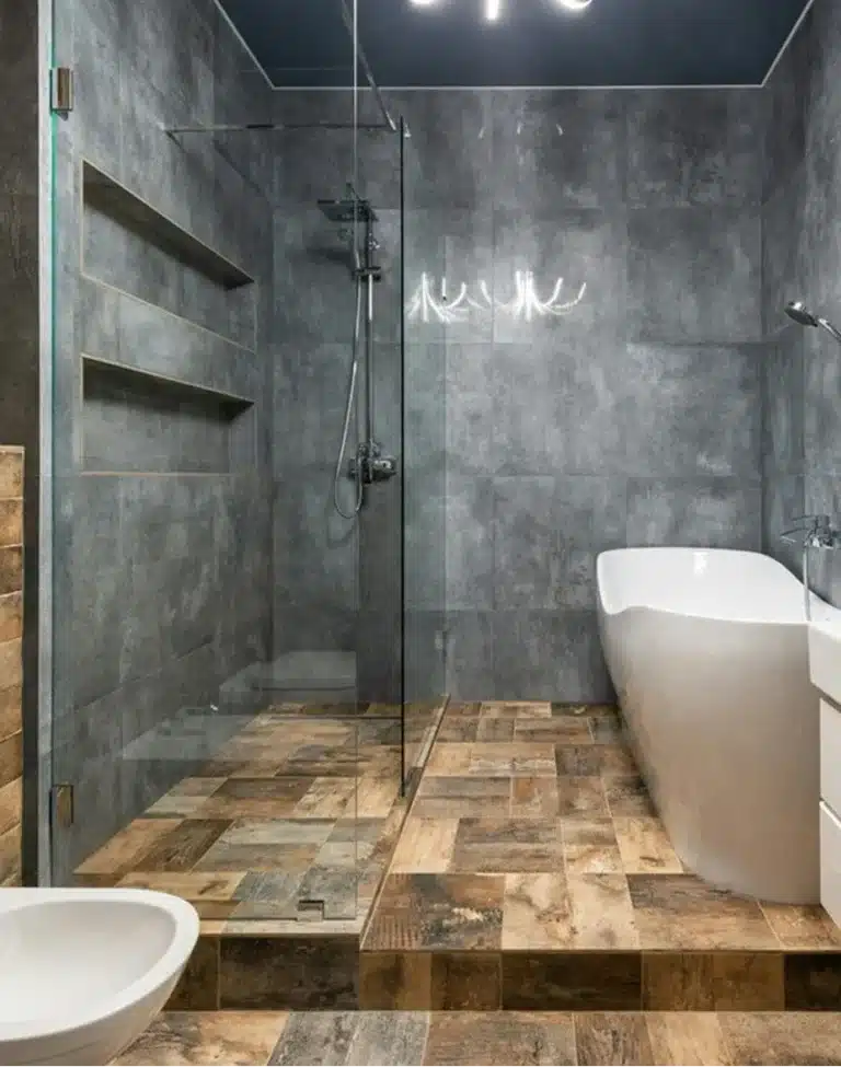 Modern curbless shower design and waterproofing in Los Angeles bathroom remodel.