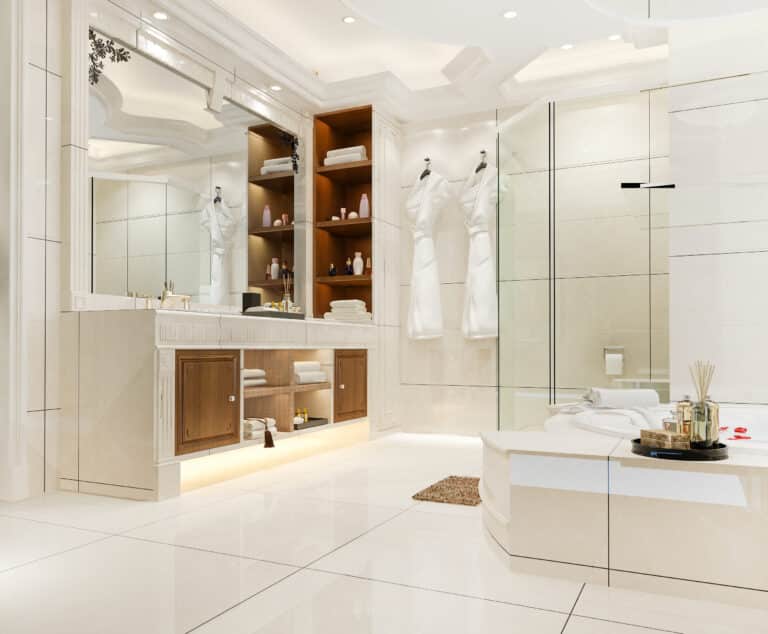 light and open luxury bathroom remodel in Los Angeles with white tiles and details
