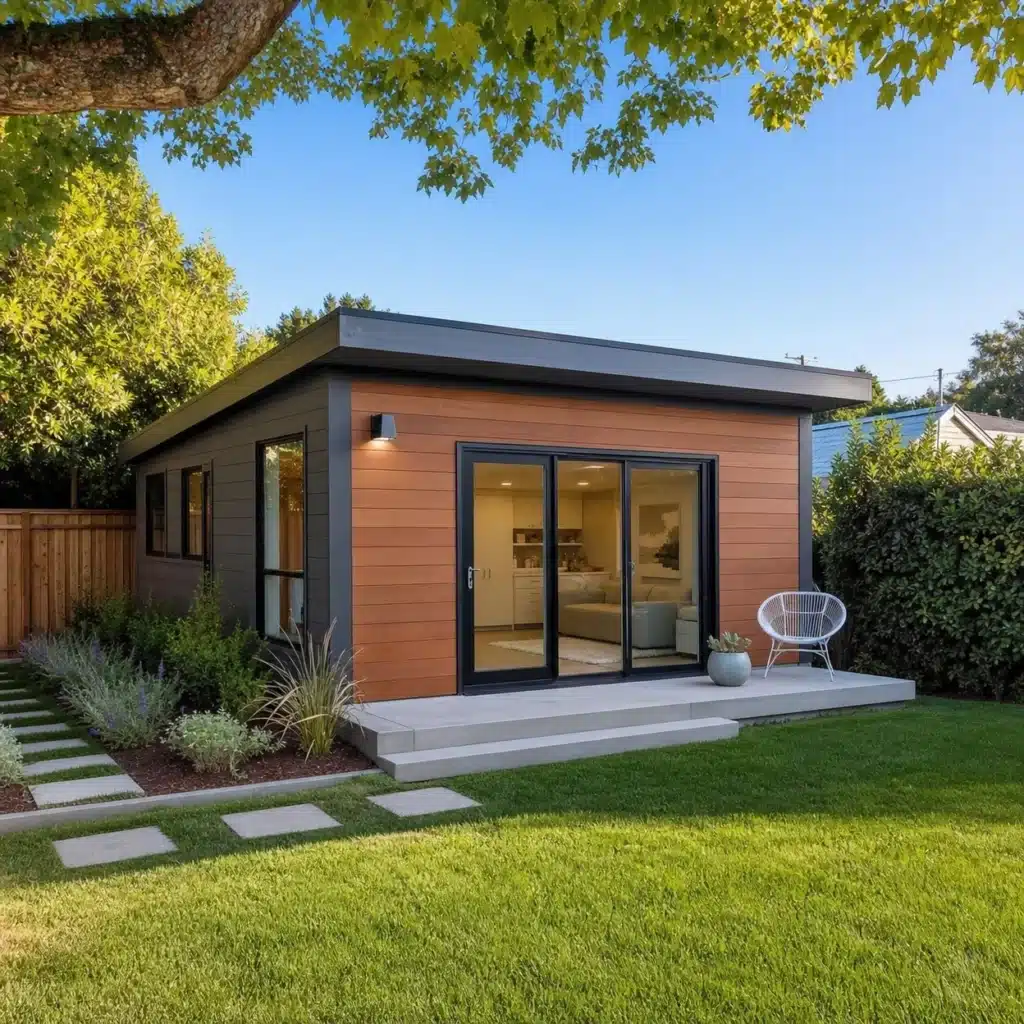 ADU construction in Los Angeles: modern backyard ADU with sliding glass doors and a patio.