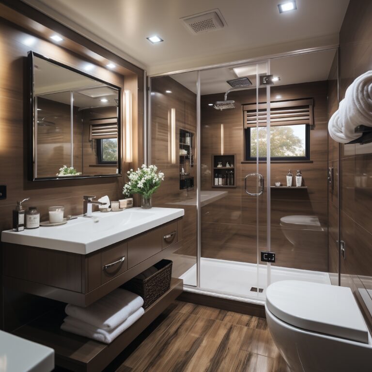 modern wooden bathroom with large mirror and walk-in shower