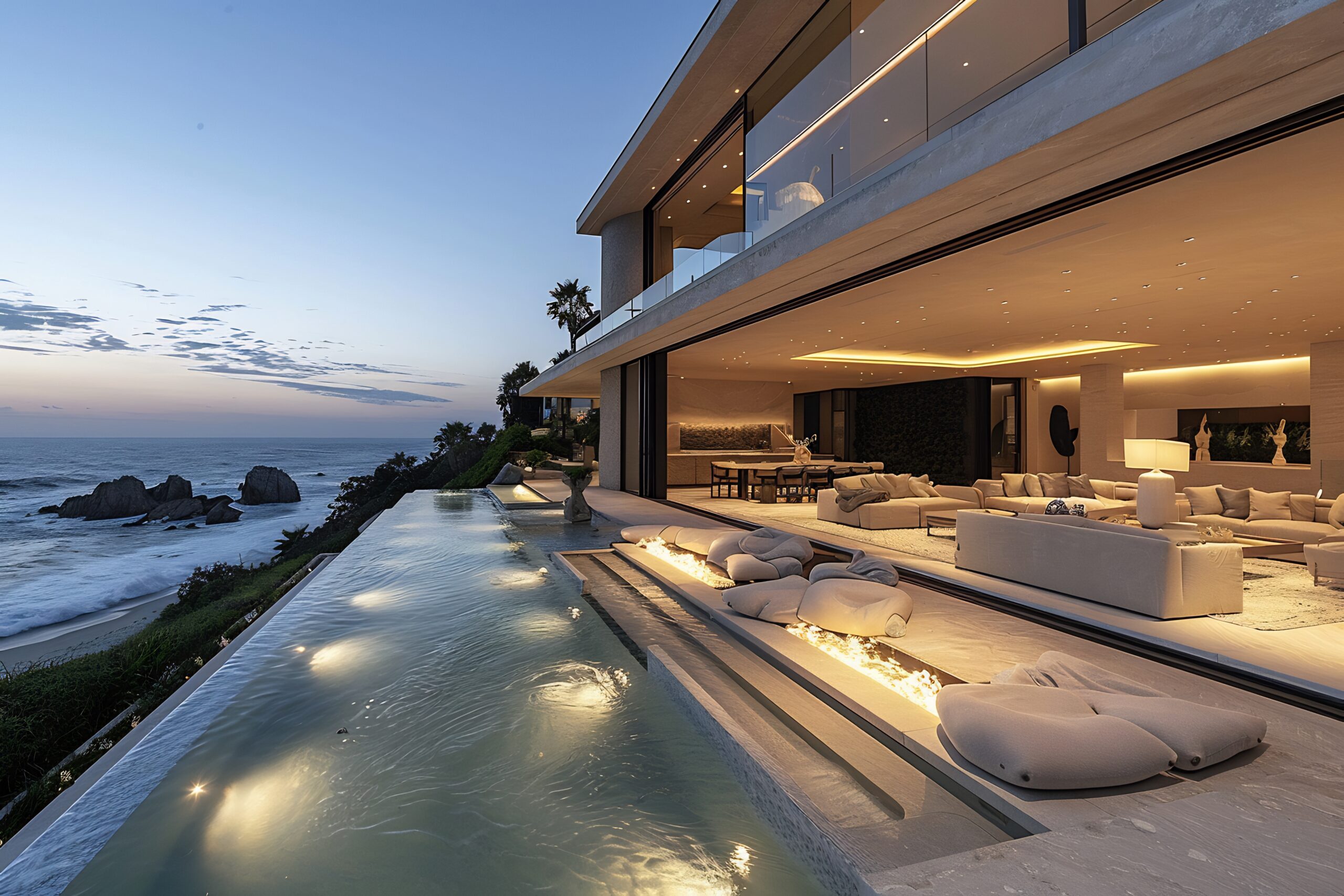 Terrace villa with a pool and view of the sunset