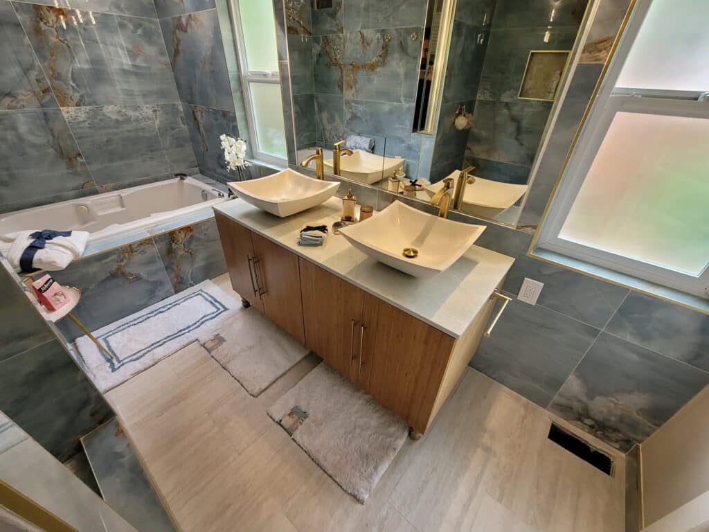 Marble bathroom with dual sinks