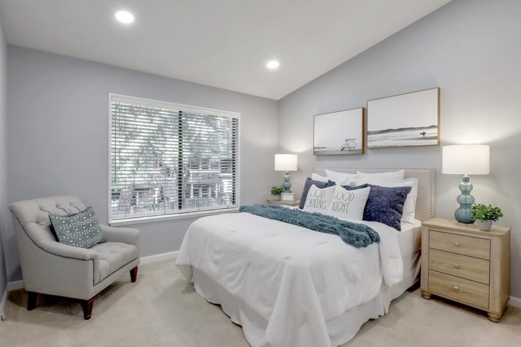 Modern renovated bedroom with a clean, contemporary interior