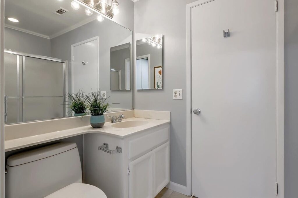 Newly renovated bathroom with modern fixtures and contemporary finishes.